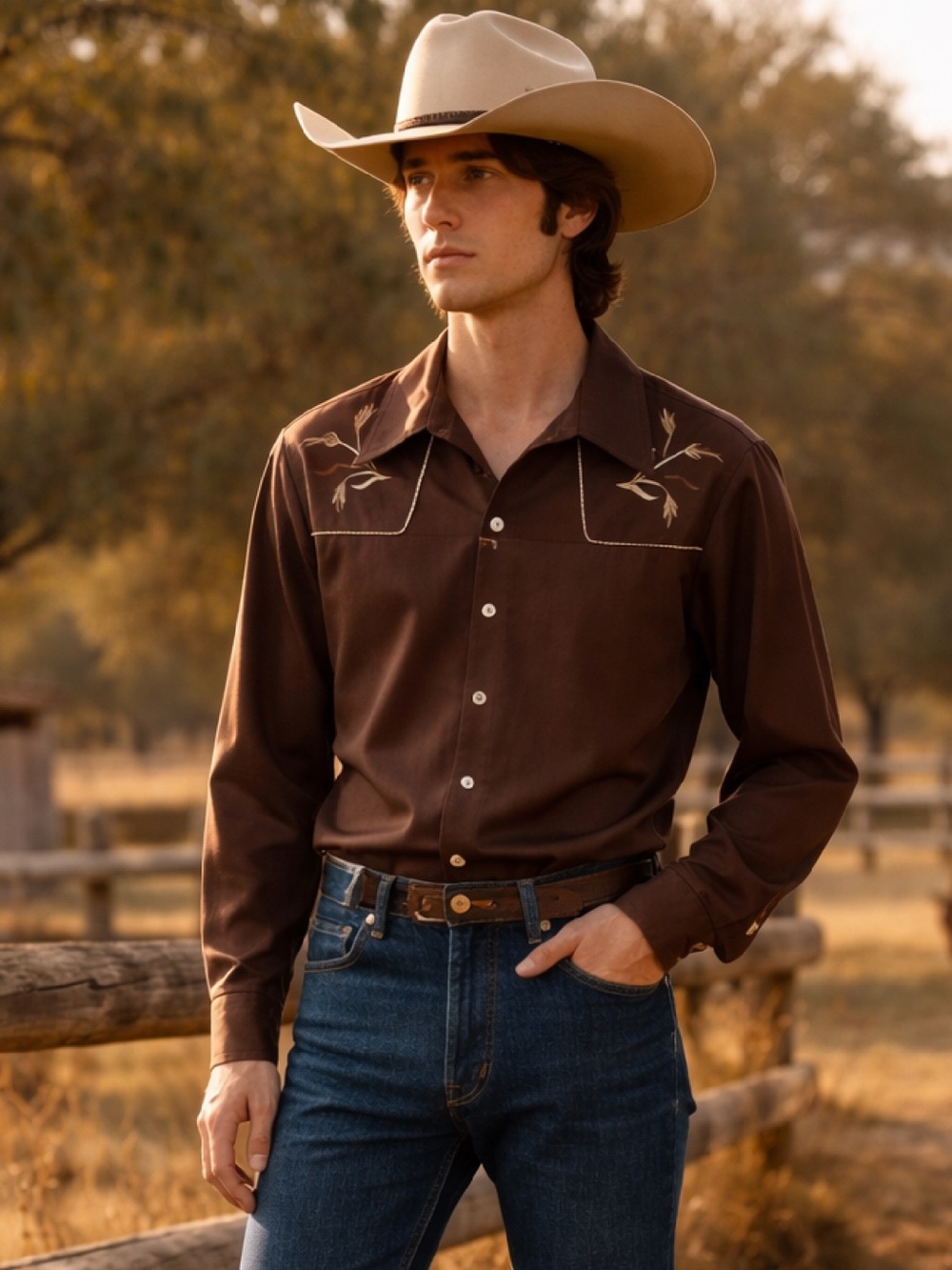 Platinum Brand Vintage Brown Polyester Western-Style Button-Up Shirt